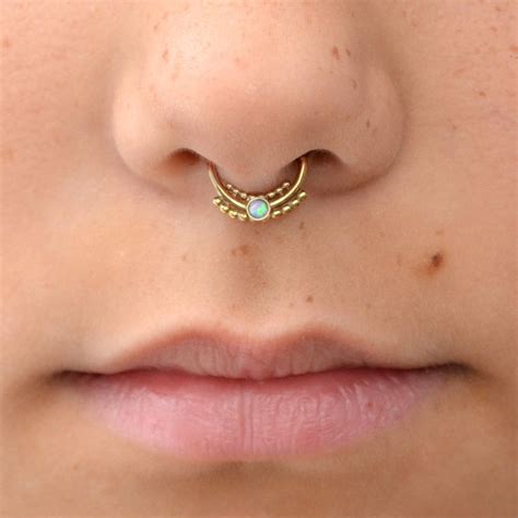 gold septum ring mm blue opal septum jewelry  nose etsy