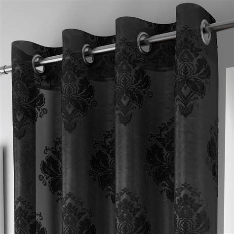 black voile curtain flocked damask floral eyelet panels ring top sheer