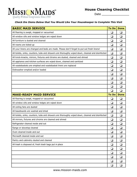 house keeping cleaning checklist housekeeper checklist cleaning