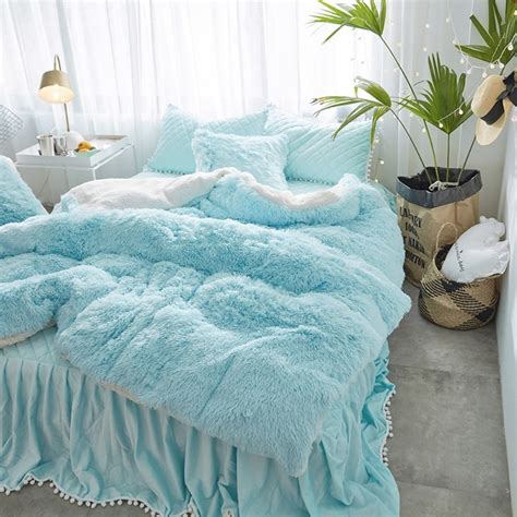 Mink Velvet White Blue Princess Girls Bedding Set Thick