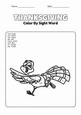Thanksgiving Color Word Sight Number Printables Worksheets Worksheeto Math Via sketch template