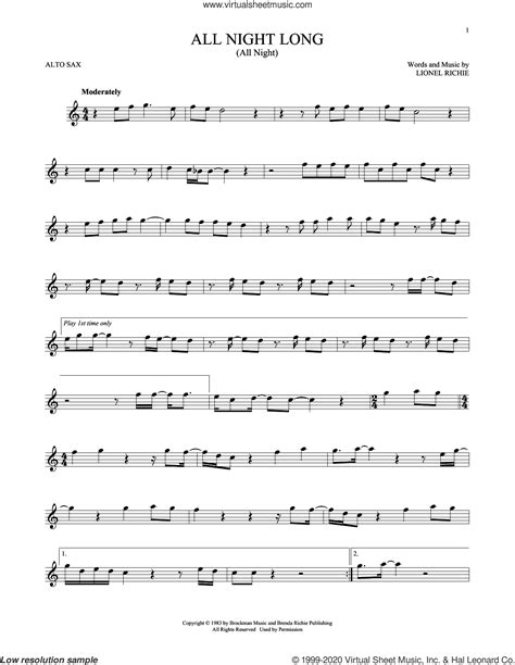 Richie All Night Long All Night Sheet Music For Alto Saxophone Solo