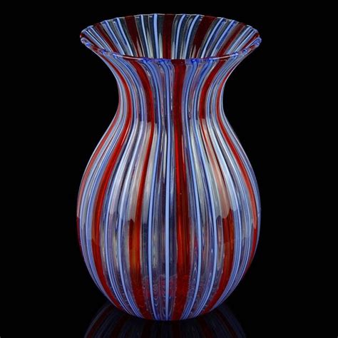 Murano Clear Red And Blue Ribbons Italian Art Glass Mid
