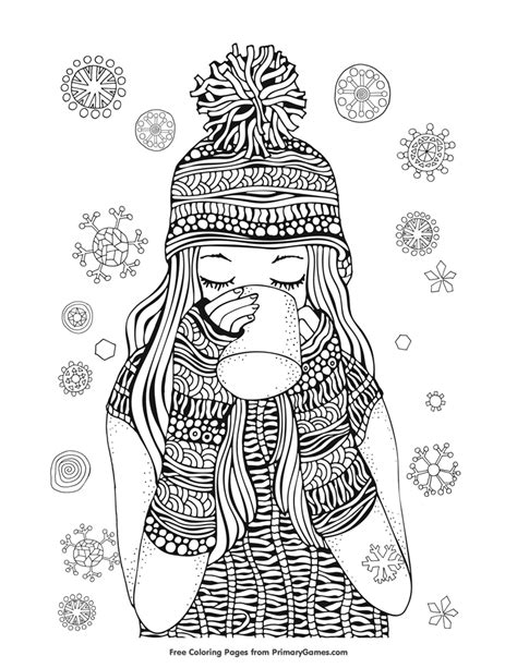 winter coloring page girl drinking hot chocolate free printable winter and free