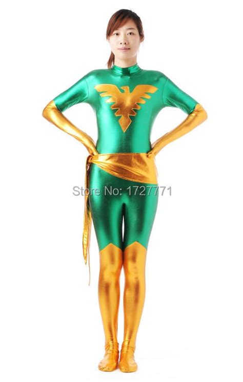 Ls7252 Green And Gold Shiny Metaliic Tights Unisex Phoenix Fetish