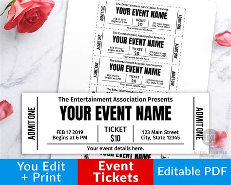 event ticket editable printable black  white  digital