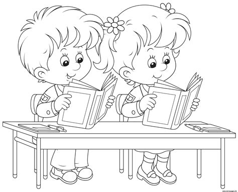 school kids reading books coloring page printable