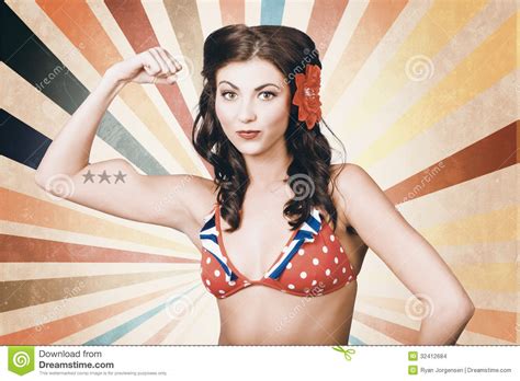 Beautiful Pinup Girl Flexing Muscle Womens Rights Stock