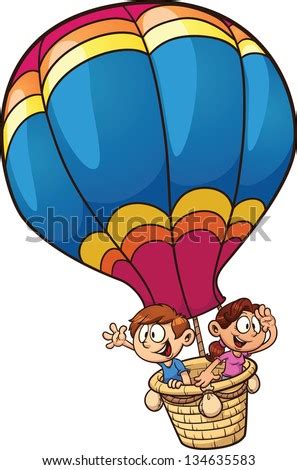 cartoon kids riding  hot air balloon vector clip art illustration  simple gradients