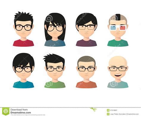Set Of Asian Male Avatars With Various Hair Styles Wearing Glass Stock