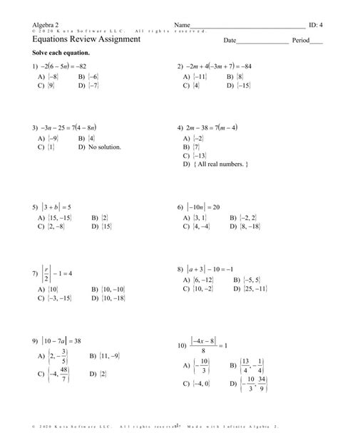solving equations  inequalities  absolute  worksheet