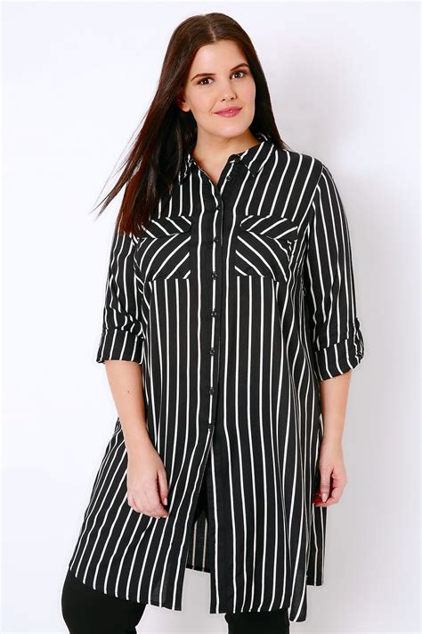 black and white stripe longline button up shirt with pockets
