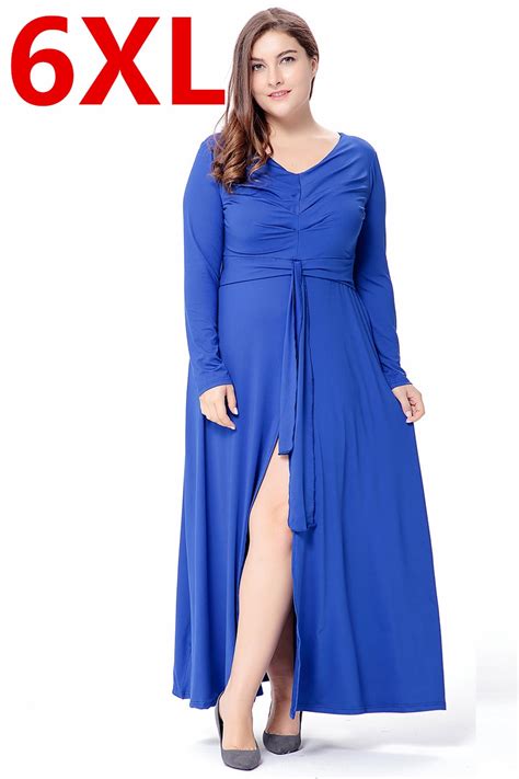 Hot Sale Big Plus Size 6xl Long Maxi Solid Blue Autumn Dresses Fold