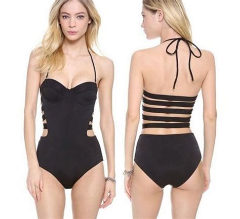 Women Swimsuit Black Strappy Triangle One Piece Monokini Bandage Back