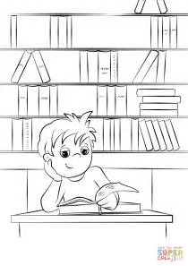cute  boy reading  book   library coloring page