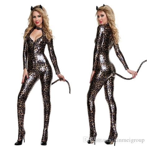 2019 gold leopard catwomen jumpsuit spandex latex pvc catsuit costumes