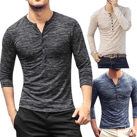 Casual Men Basic Slim Fit Henry Neck Long Sleeve Muscle Tee T Shirt