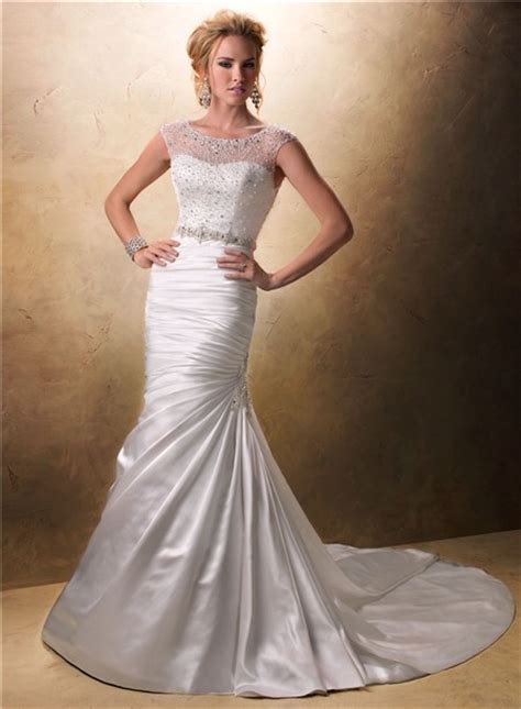 fit and flare mermaid illusion neckline beaded satin wedding dress with