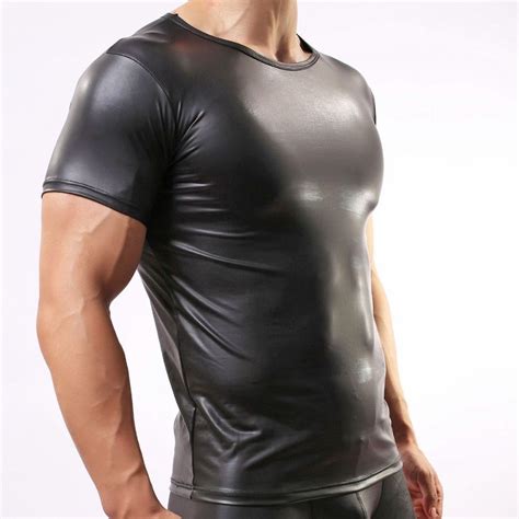 sexy mens wet look latex look t shirt gay undershirt tank vest muscle