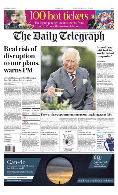 Daily Telegraph Front Page 15th Of May 2021 Tomorrow S Papers Today