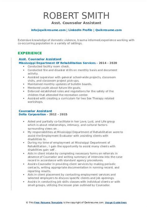 Counselor Assistant Resume Samples Qwikresume