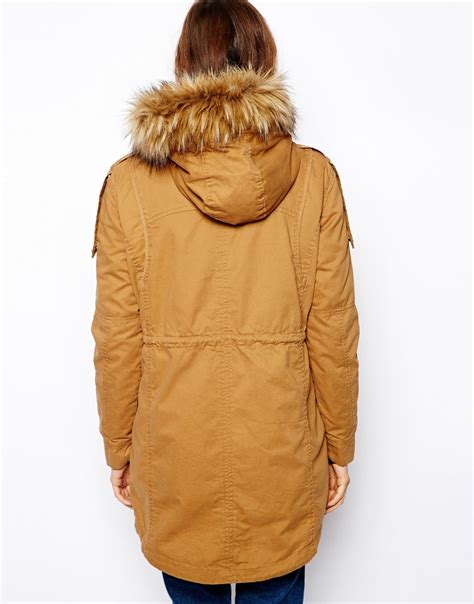 asos faux fur hooded detachable lined parka  yellow lyst
