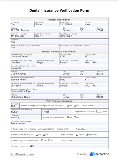 dental insurance verification form template