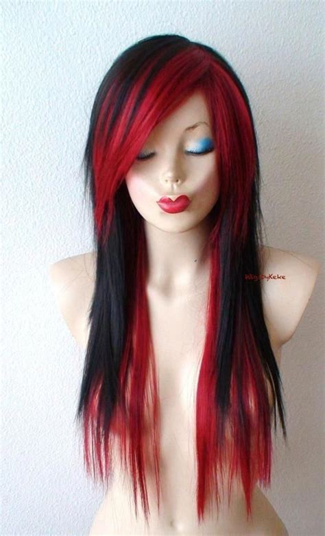 black wine red wig 28 straight layered hair side bangs