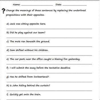 prepositions worksheets parts  speech parts  speech preposition