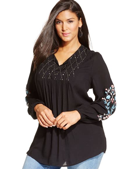Style And Co Plus Size Embroidered Split Neck Peasant Top