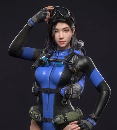 Artstation Diver Girl Zefeng Yang Scuba Girl Wetsuit Girl Scuba