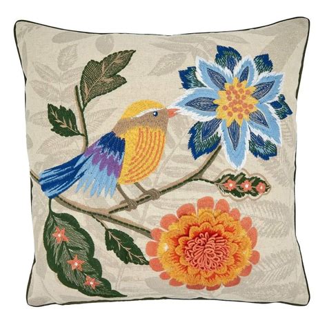 embroidered birds flowers cotton linen decorative throw pillow