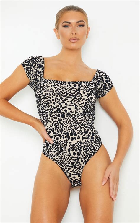 tan leopard print flocking bodysuit tops prettylittlething aus