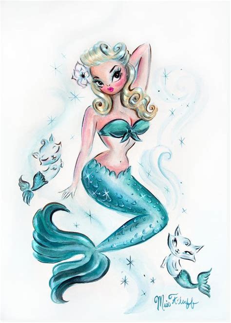 pin up mermaid with mermaid kitties greeting card for sale by miss