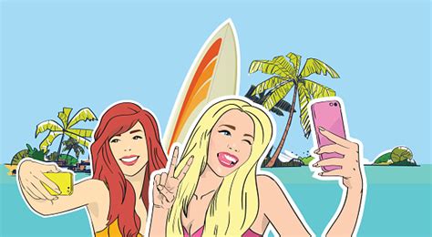 Two Girls Take Selfie Photo Beach Cell Smart Phone Tropical Stock