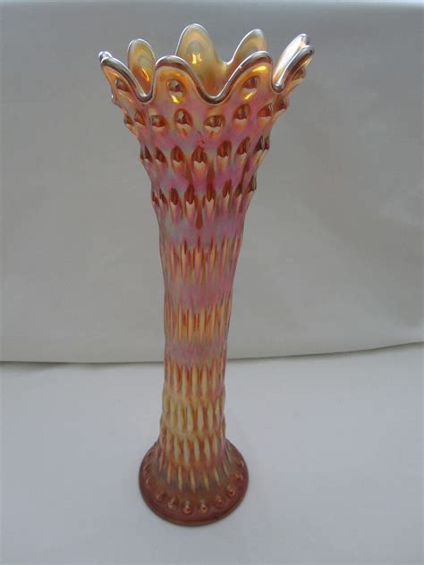 Vintage Amber Iridescent Carnival Glass Tall Vase Hobnail Etsy Uk