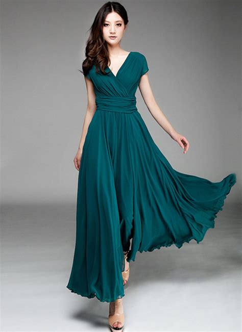 cap sleeve teal maxi dress with v neck and ruched waist yoke rm157