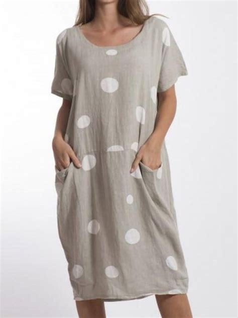 women summer polka dots midi dresses crew neck shift