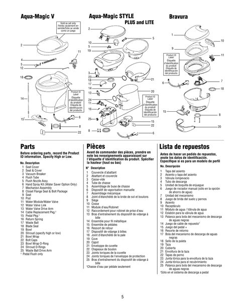 lista de repuestos parts pieces aqua magic  thetford aqua magic style lite user manual