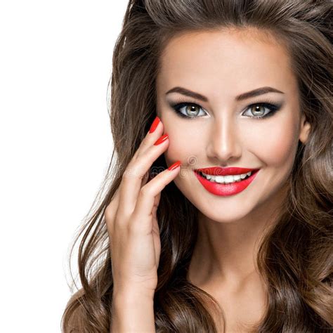 Closeup Smiling Face Of Beautiful Woman With Red Lips And Nails Stock