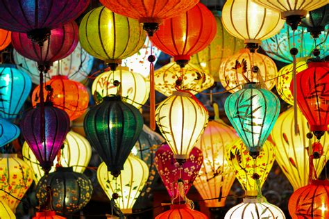 assorted colored lighted paper lanterns  stock photo