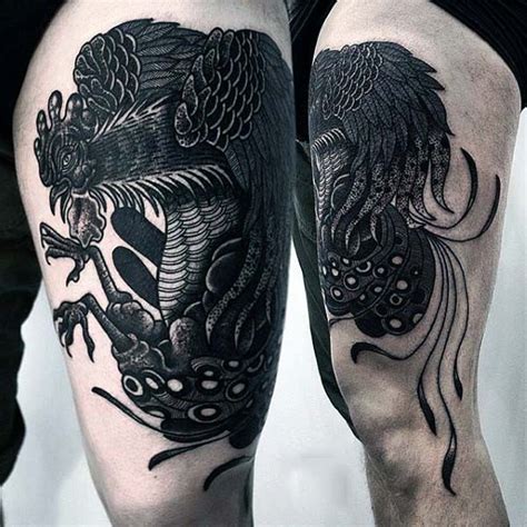 big black and white funny cock tattoo on thigh tattooimages