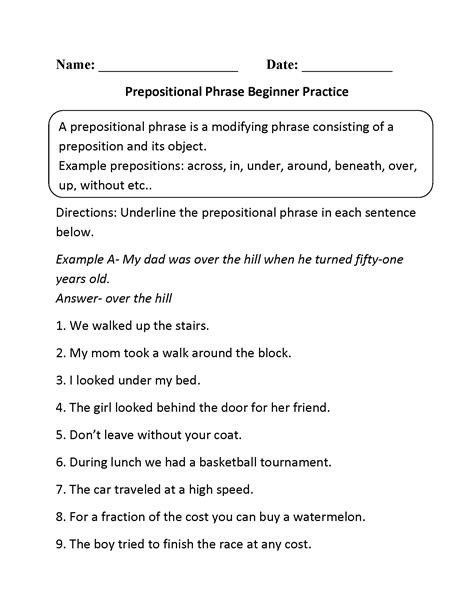 prepositional phrases worksheets prepostional phrase beginner