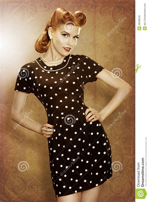 Pin Up Retro Girl In Classic Fashion Polka Dots Dress