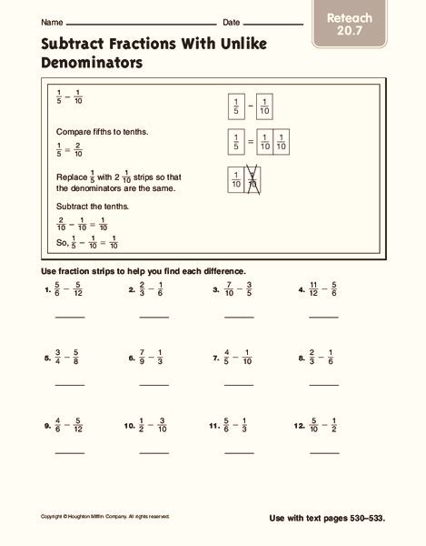 Subtract Fractions With Unlike Denominators Worksheet For 3rd 5th