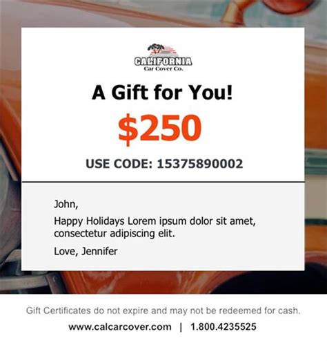 email  gift card california car cover gift certificate