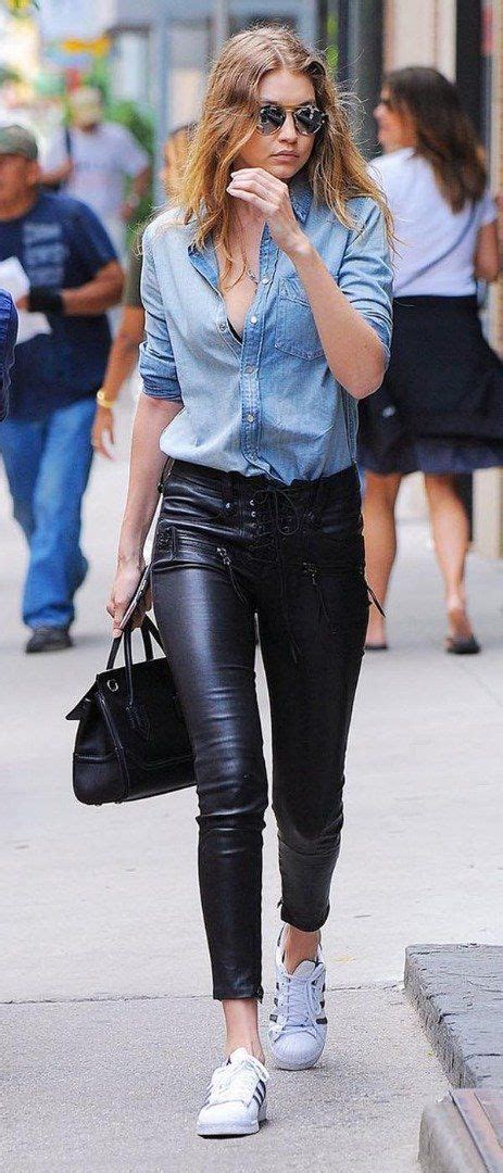 wear leather pants  office leather pants outfit chic