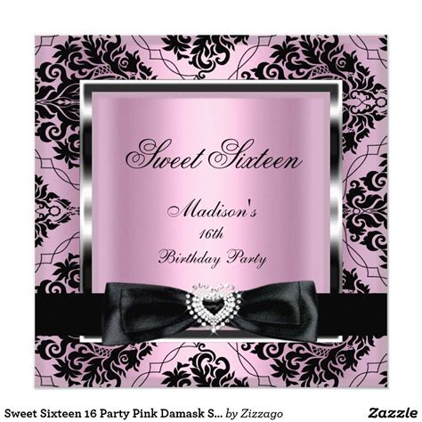 sweet sixteen 16 party pink damask silver black invitation