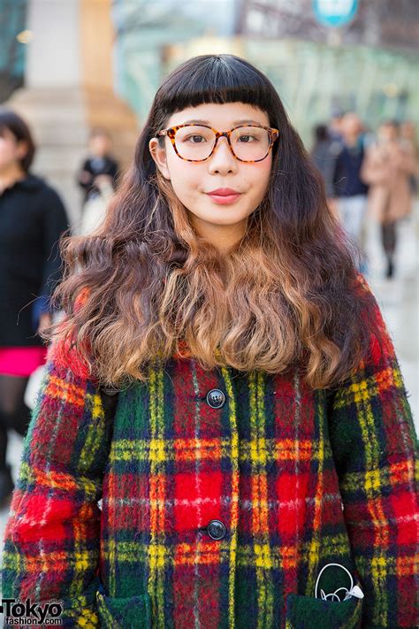 Harajuku Girl In Glasses W Kinji Plaid Coat Ombre Hair And Loafers