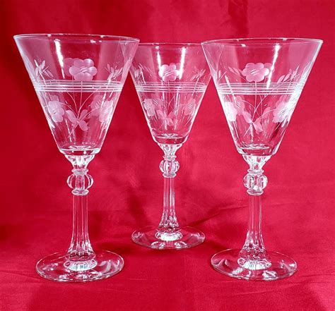 Set Of 3 Vintage Libbey Etched Wine Glasses Etsy